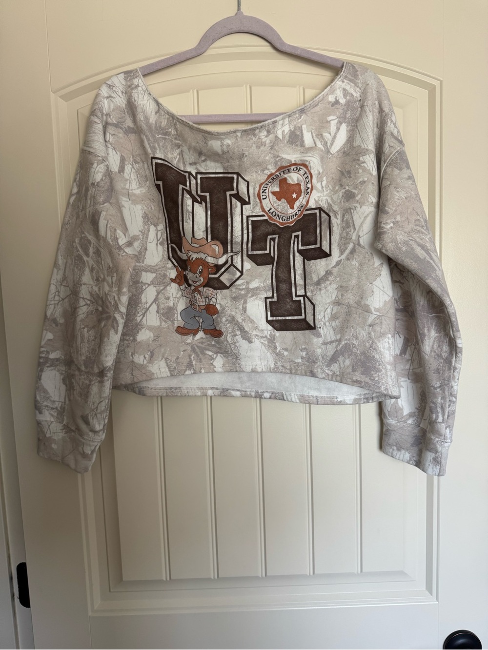 UT Longhorns Camo Gray Off the Shoulder Cropped Women's Sweatshirt